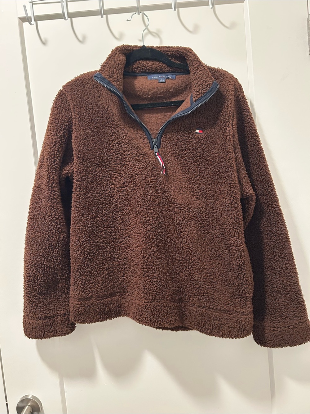 Tommy Hilfiger Brown Teddy Sherpa Fleece Quarter Zip Pullover Jacket